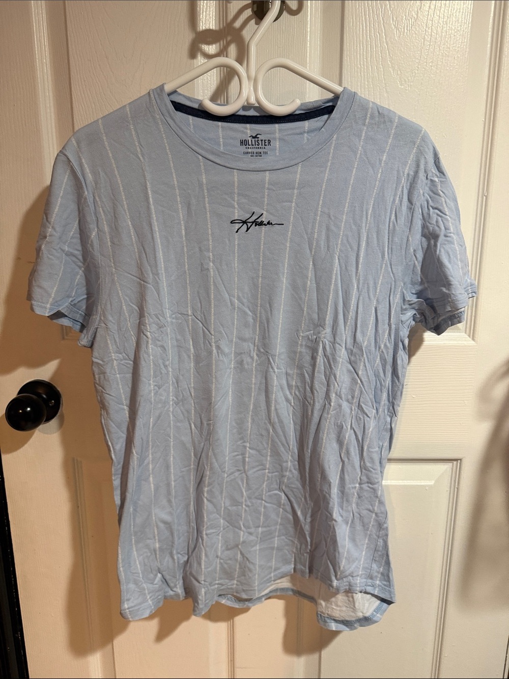 Hollister Light Blue Vertical Stripe Crew Tee